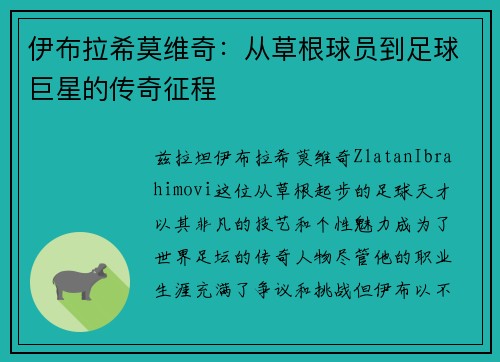 伊布拉希莫维奇：从草根球员到足球巨星的传奇征程