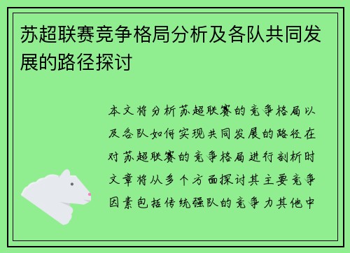 苏超联赛竞争格局分析及各队共同发展的路径探讨